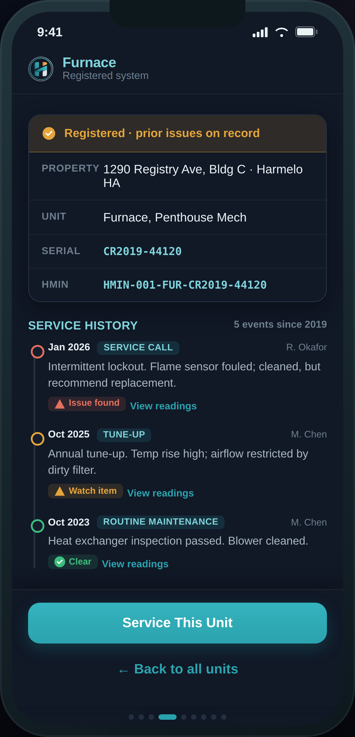 The field app showing a system's full service history before a technician starts
