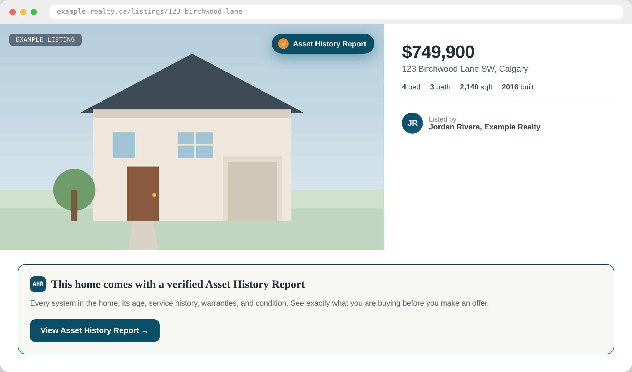 Example real estate listing with an Asset History Report link on it